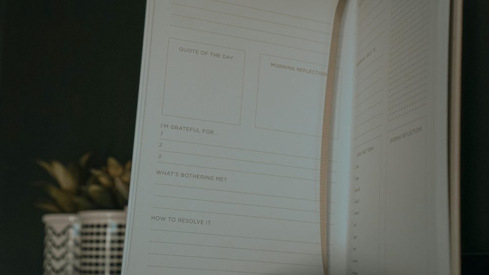 An open journal with sections for quotes, reflections, and gratitude.