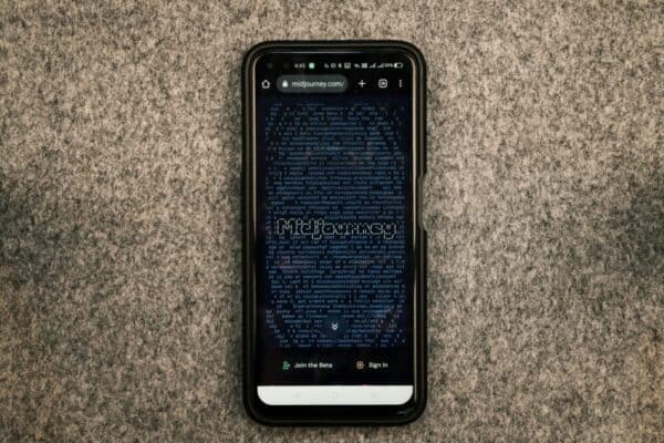 AI 工具如何幫助你製作高效社群內容(新手入門流程與必備工具) Midjourney網頁顯示黑色背景藍色程式碼,手機在桌面上,突顯技術與資訊安全相關內容,展示網站界面和數據安全的重要性。.