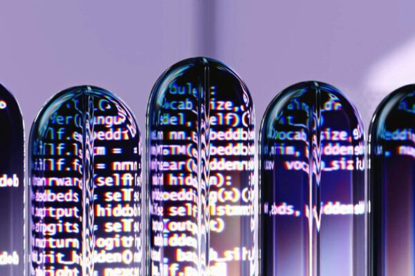 Colorful 3D render showcasing AI and programming with reflective abstract visuals.