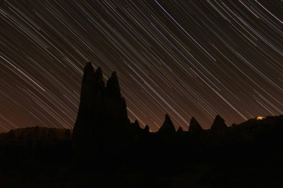Time-lapse photo of star trails above Cappadocia