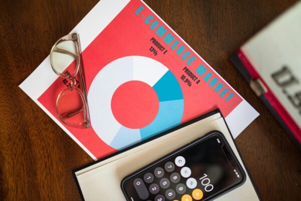 Top view of e-commerce market analysis graph with smartphone calculator and glasses for business insights.