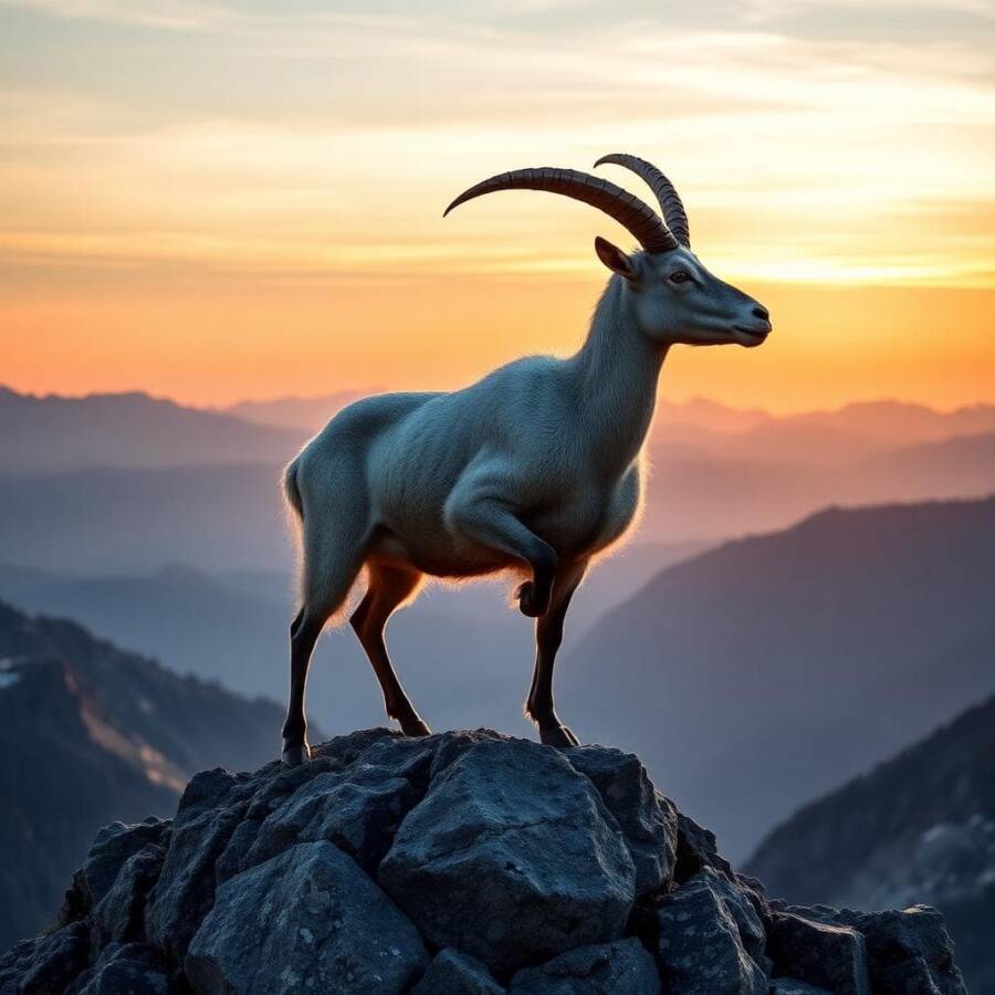 Majestic mountain goat on rocky peak at sunset