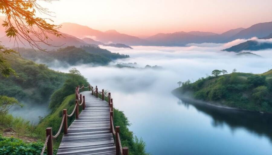 夢湖晨霧與步道