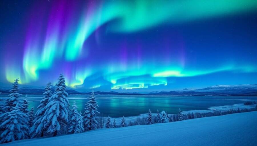 北歐極光夜空與雪景