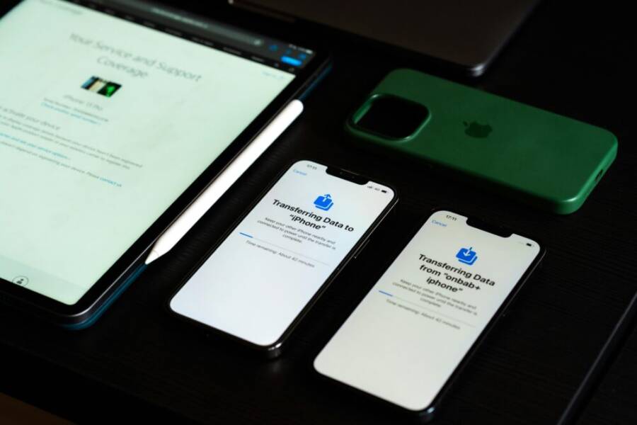High-angle view of digital devices on a desk