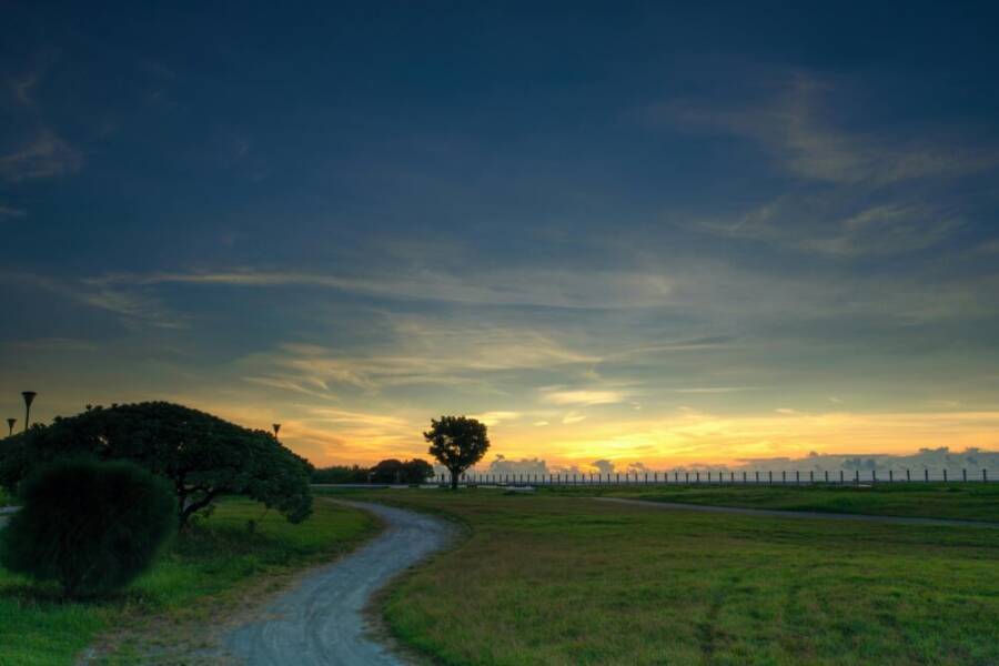 Tranquil park path leading through lush greenery under a vibrant sunset sky in Hualien, Taiwan.