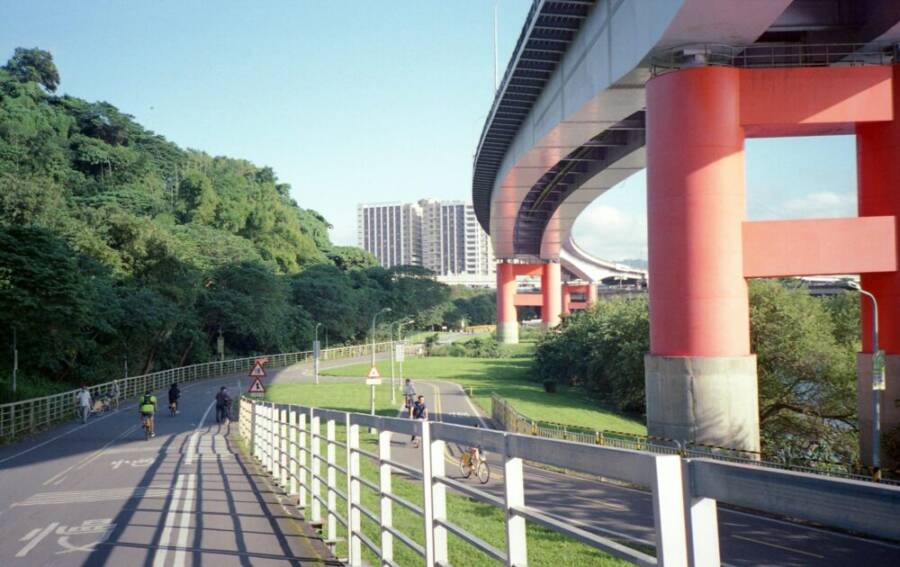 Cyclists ride under a vibrant viaduct near lush greenery and urban buildings in Taipei, Taiwan