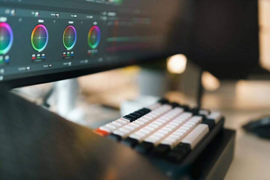 A close-up of a video editing setup featuring a mechanical keyboard and color grading on a monitor