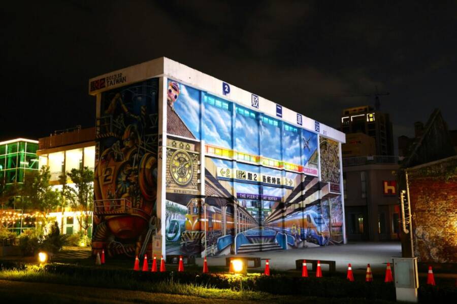 Colorful night view of Pier-2 Art Center, Kaohsiung, showcasing urban street art and vibrant lighting