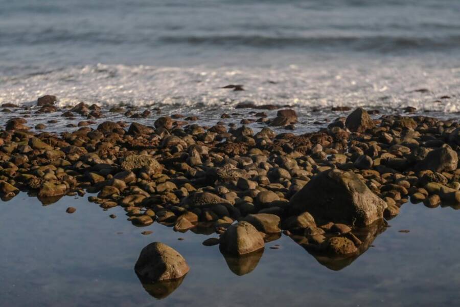 A tranquil view of coastal rocks and ocean waves during sunset in New Taipei City, Taiwan.