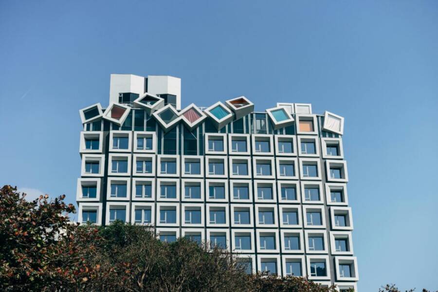 Modern building facade with unique design in Taichung City, Taiwan.