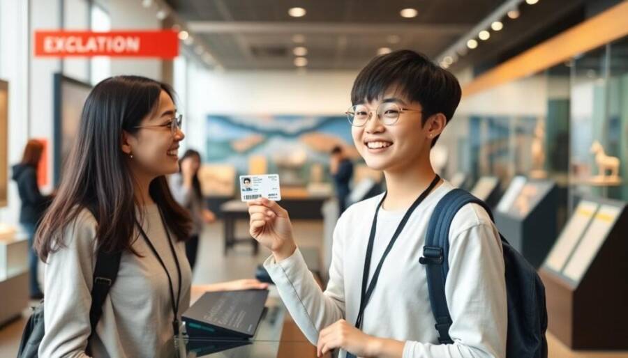 AI 生成圖片：學生證在博物館櫃檯享受折扣的情景