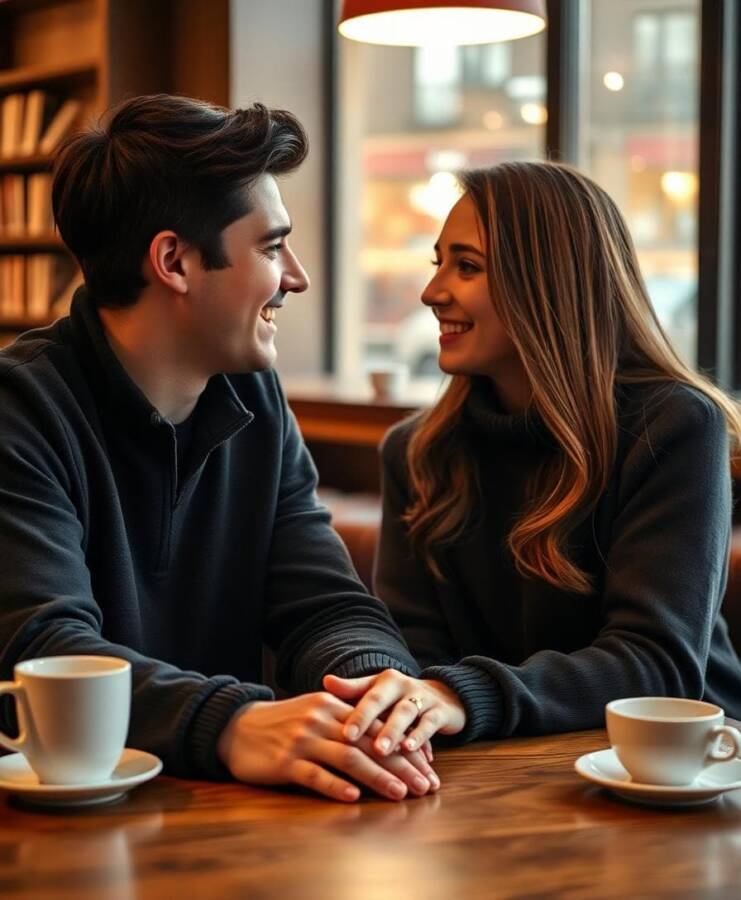 A young couple sitting close in a cozy cafe, smiling and chatting intimately