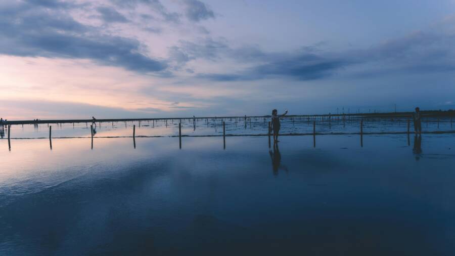 Peaceful sunset scene with people enjoying the calm waters near Taichung, Taiwan