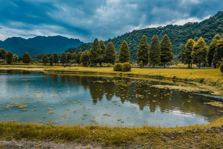 Serene lake view set against verdant forest hills in Yilan, Taiwan. Perfect nature landscape scene.