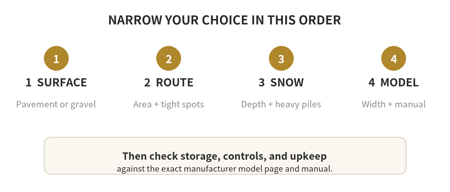 Decision flow: identify surface, then route size and snow conditions, then verify model width, depth guidance, and storage.