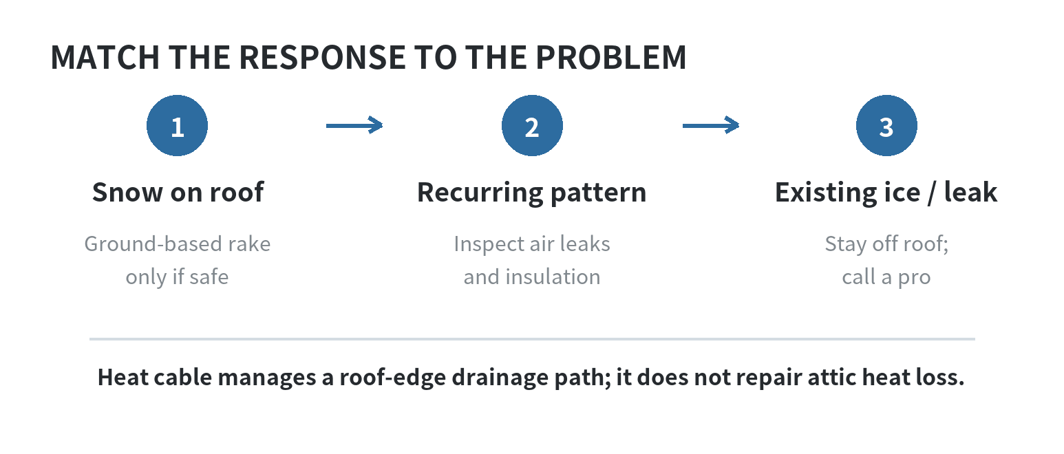 Three-step response diagram: ground-based roof rake only when safe, inspect air leaks and insulation for recurring ice, and stay off the roof and call a professional for existing ice or leaks. Heat cable manages a drainage path but does not fix attic heat loss.