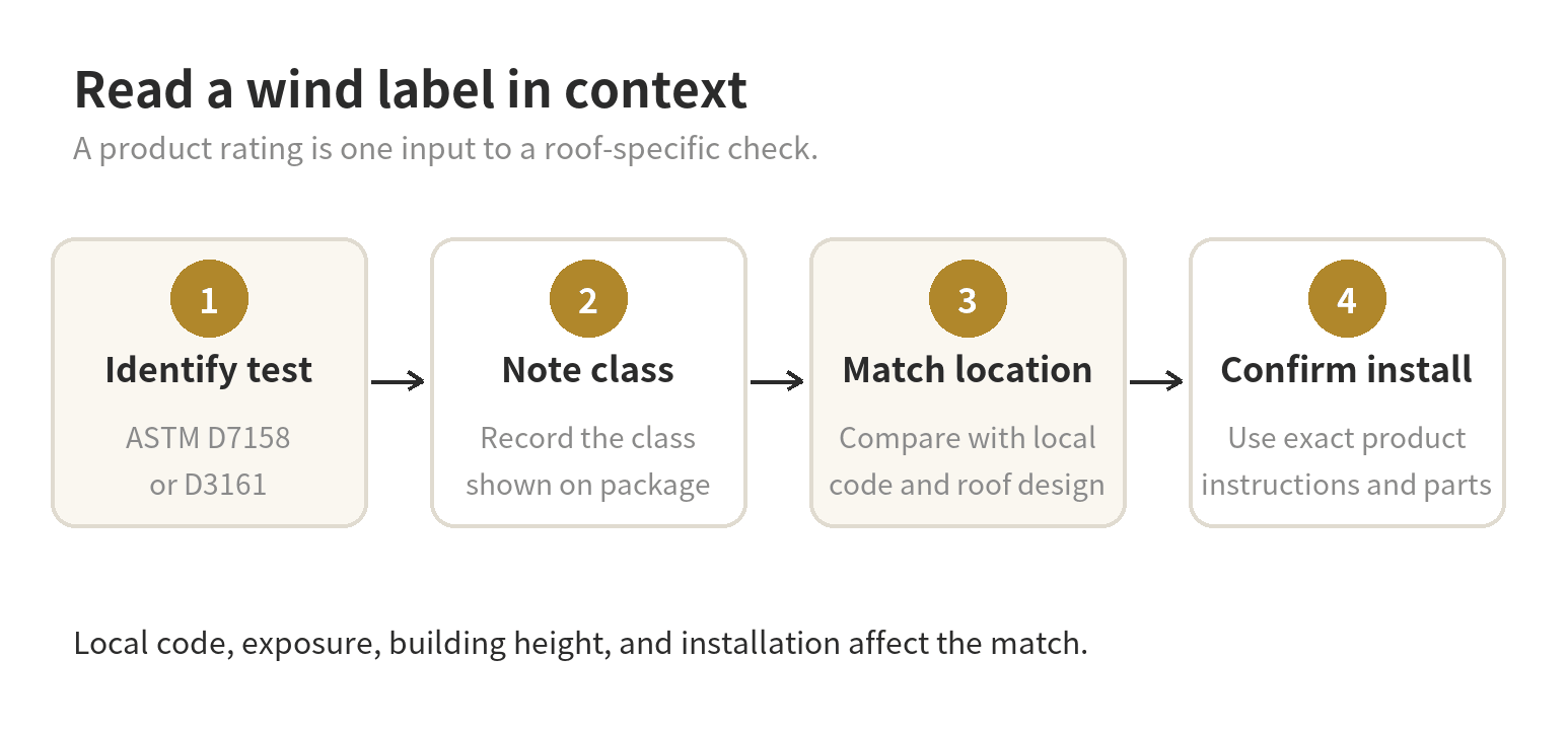 Four-step diagram: identify the wind test, note its class, match the rating with local code and roof design, and confirm installation instructions.