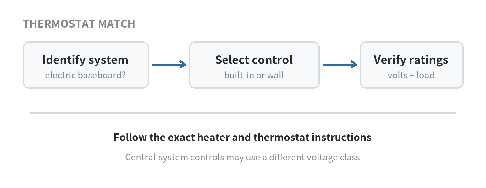 Thermostat selection path: identify electric baseboard line voltage, choose built-in or wall control, then match voltage and heater capacity