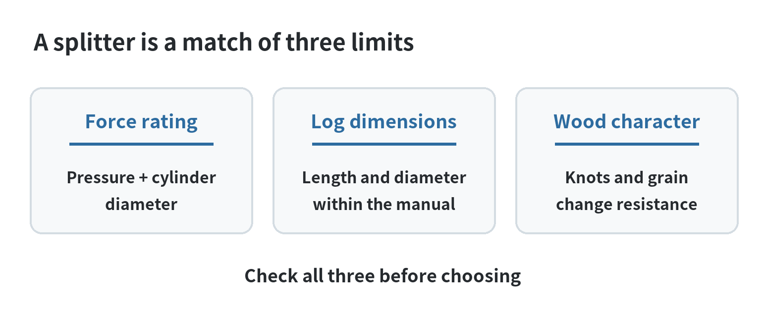 A diagram showing that splitter force rating, log dimensions, and wood grain all contribute to a suitable match.