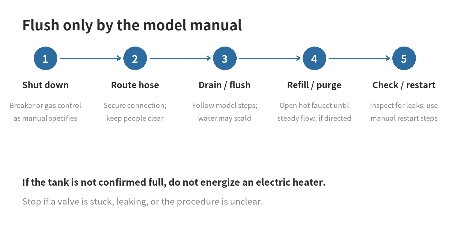 Safety sequence for a manual-approved tank flush: turn off the correct energy source, secure a hose and safe drain route, flush as instructed, refill and purge air, check for leaks, then restart per the manual.