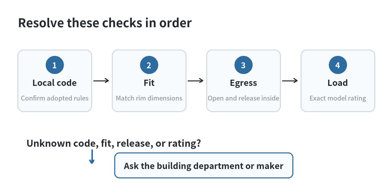 Decision flow: identify local egress requirements, confirm fit and window swing, verify inside release, then match load rating to the exact cover model