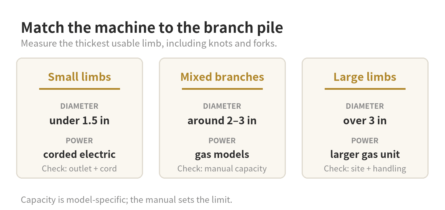 A reference graphic grouping small, mixed, and large branches with likely chipper power sources and checks.