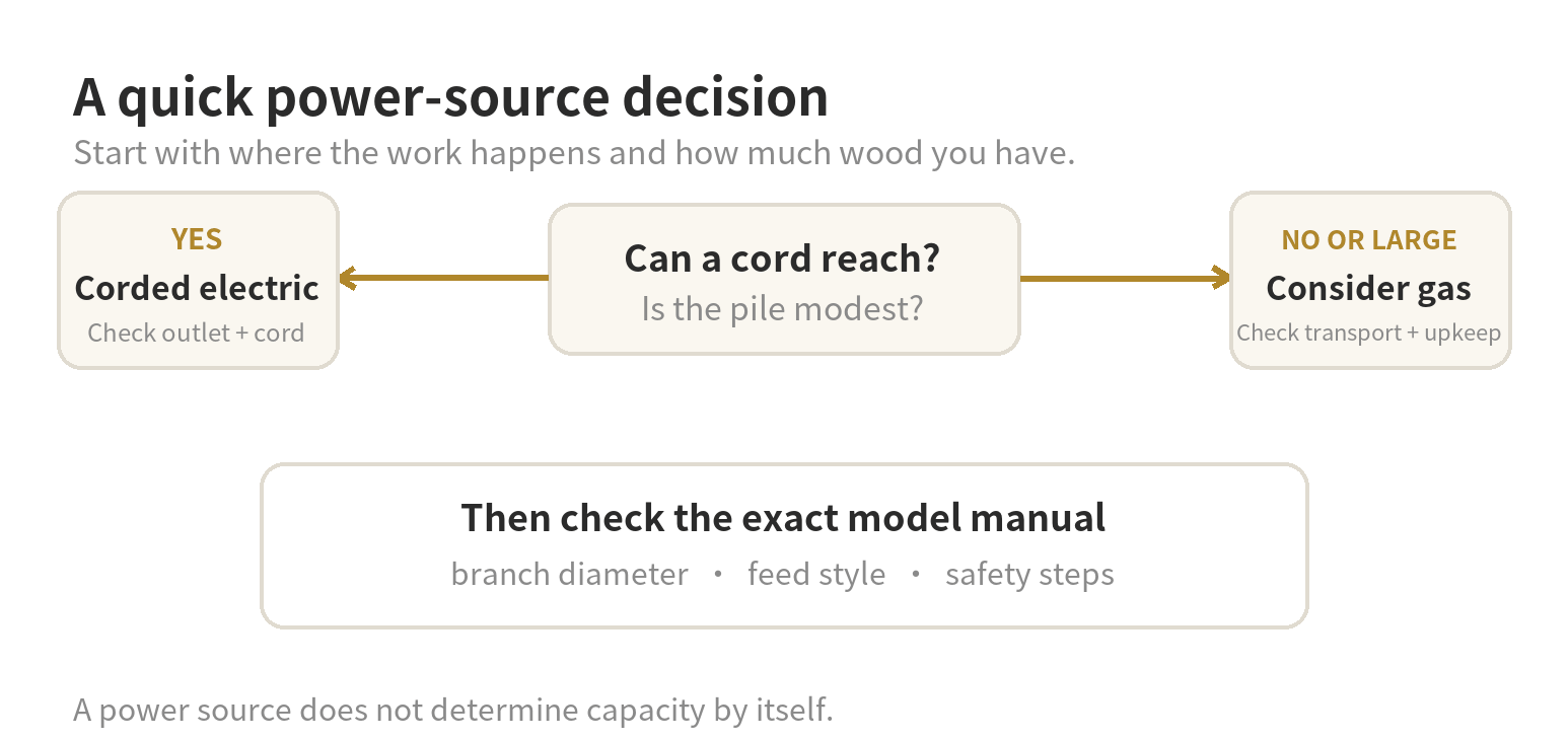 A flow diagram that starts with outlet access and pile size, then directs the reader to check the model manual.